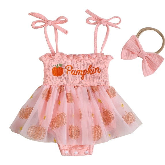HWJAD Newborn Baby Girls' Halloween Outfits Tie Up Smocked Pumpkin Romper Dress+Headband Playsuit Party Dresses