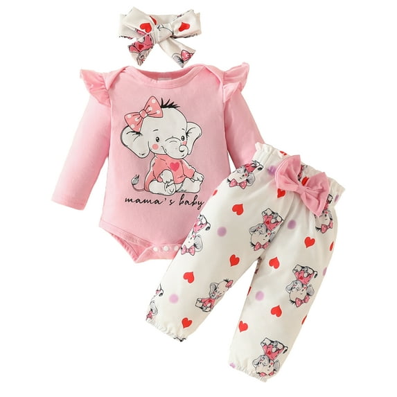 HWJAD Newborn Infant Baby Girl Clothes Outfits Cartoons Elephant Print Romper Floral Pants with Headband Fall Winter Clothing Set