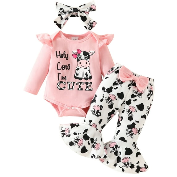 HWJAD Newborn Infant Baby Girl Clothes Outfits Cute Cow Print Romper Floral Flared Pants with Headband Fall Winter Clothing Set