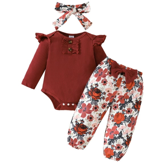 HWJAD Newborn Infant Baby Girl Clothes Outfits Rib Romper Floral Pants with Headband Fall Winter Clothing Set