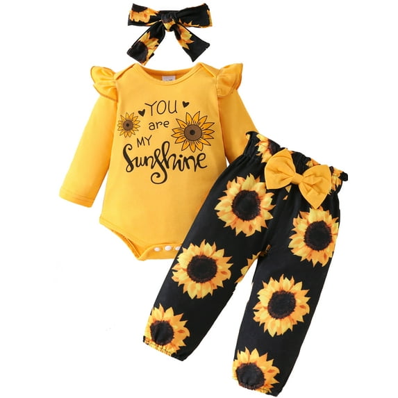 HWJAD Newborn Infant Baby Girl Clothes Outfits Vivid Sunflower Print Romper Floral Pants with Headband Fall Winter Clothing Set