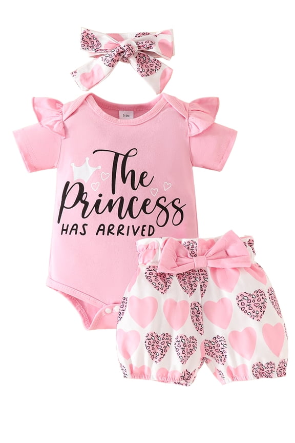 Princess Has Arrived Baby Clothes Girl Newborn Infant Girls Summer Outfit Short Sleeve Romper Love Heart Short Headband Set