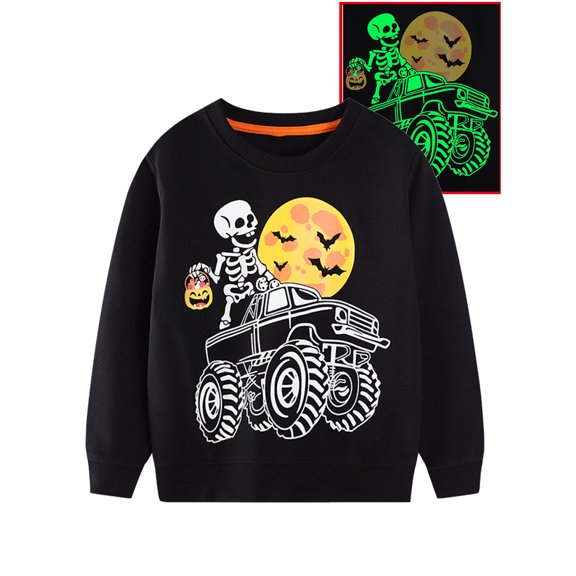 HWJAD Toddler Baby Halloween Tops Boy Skeleton Sweatshirt Crewneck Pullover Sweater Long Sleeve Shirt Fall Clothes 2-7 Years