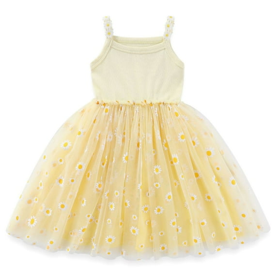 HWJAD Toddler Girls Birthday Tulle Dress Baby Princess Sunflower Spaghetti Straps Tutu Dresses Summer Clothes