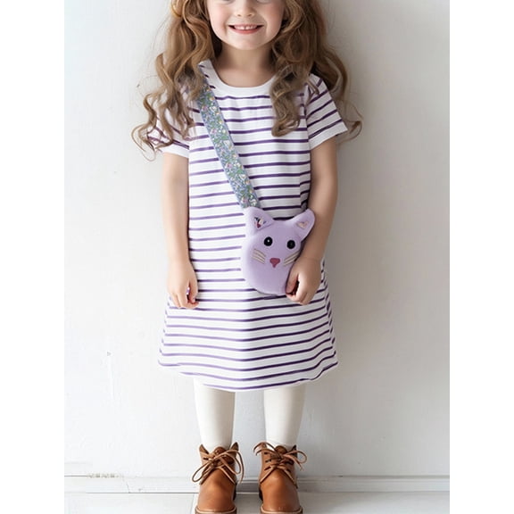 HWJAD Toddler Girls Cotton Summer Short Sleeve Shirt Dress Cartoon Kitty Casual Jersey Stripe Dresses