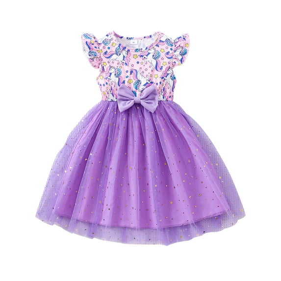HWJAD Unicorn Dresses for Girls Toddler Flutter Sleeve Summer Dress Casual Party School Tulle Sundress for Kids