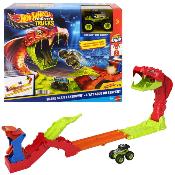 Hot Wheels Monster Trucks Snake Slam Takedown Playset with 1:64 Scale Bone Shaker Toy Vehicle