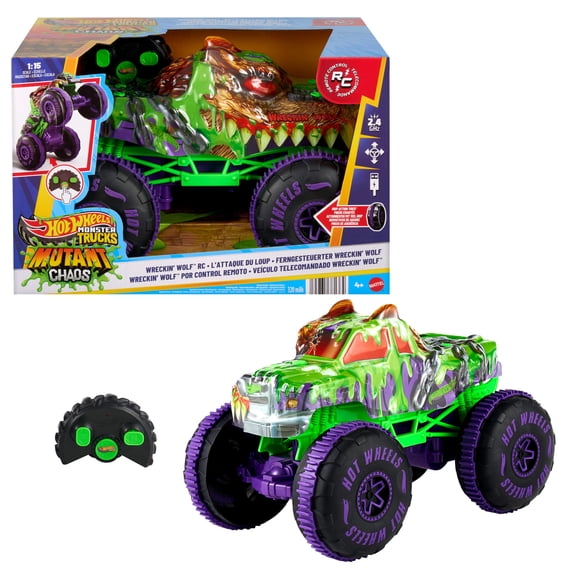Hot Wheels Monster Trucks Mutant Chaos Wreckin Wolf RC, Battery-Powered Remote-Control Toy