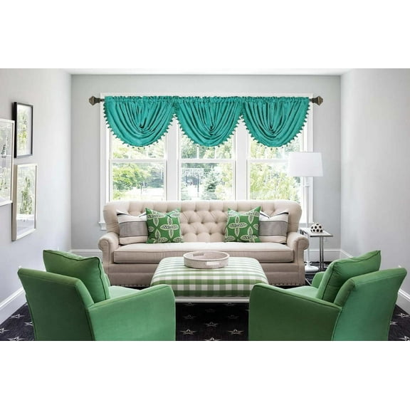 HWO Set of 3 Valances Aqua Waterfall Rod Pocket Window with Decorative Trim 55in wide x 37in long