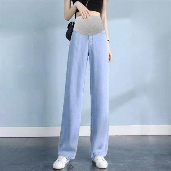 HWRETIE Belly Support Pants,Women's Maternity Jeans Wide Leg Straight Pants Casual Solid Color Belly Support Denim Pants Pregnancy Fashion Long Wear Light Blue