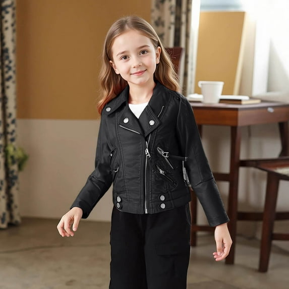 HWRETIE Biker Kids Wear Children's Leather Jackets with Stand Collar and Motorcycle Lining for Boys and Girls Black