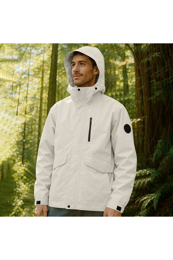 Breathable Jacket,Men's Solid Color Waterproof Outdoor Jacket with Zipper Pockets,Detachable Hat,Long Sleeve Hooded Assault Jacket for Hiking,Camping,and Sports White