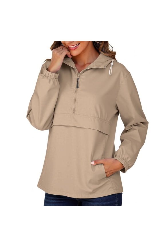 Breathable Jacket,Women's Lightweight Waterproof Half-Zip Hooded Outdoor Sports Jacket Top,Breathable Windbreaker for Hiking,Running,and Casual Activities Khaki