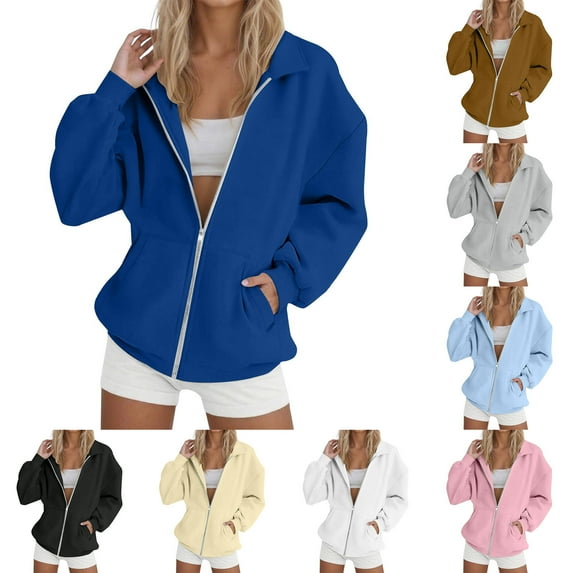 HWRETIE Casual Hooded Pullover for Fall Winter,Ladies' Fall Zip Up Sweatshirt Hoodie Turn Down Collar Solid Color Long Sleeve Pullover Sportswear Jacket Pink