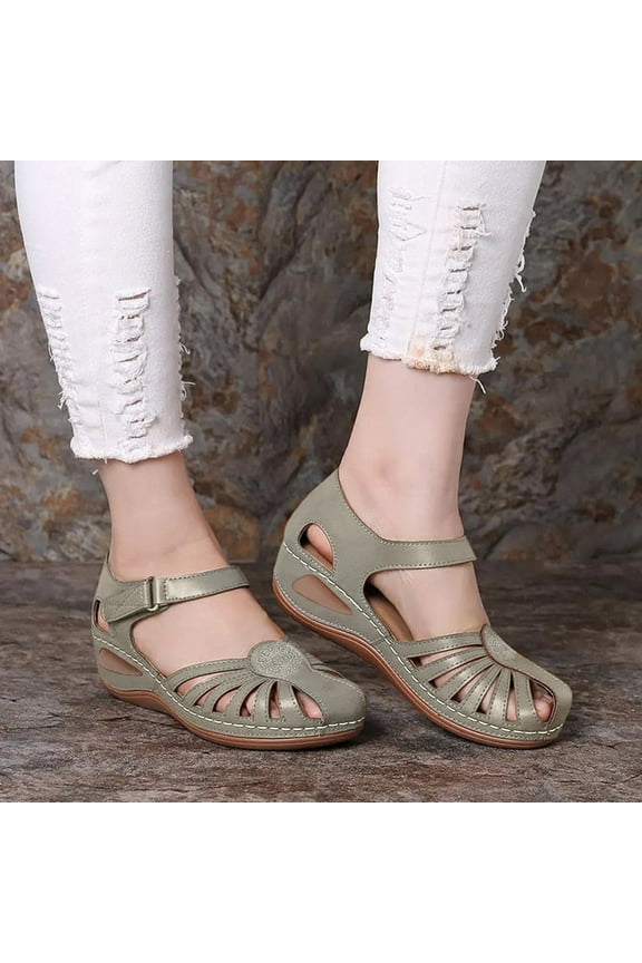 HWRETIE Closed Toe Sandals for Women Summer Ladies Shoes Heel Retro Hollow Out Casual Women's Sandals Valentines Day Gifts Gray 6(37)