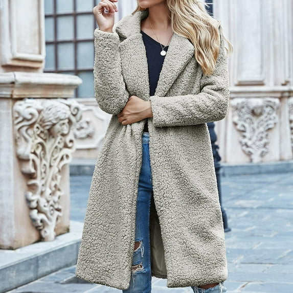 HWRETIE Longline Faux Shearling Coat with Notched Collar - Womens Ladies Warm Jacket Winter Solid Turn Coat Down Collar Lambswoo Outerwear