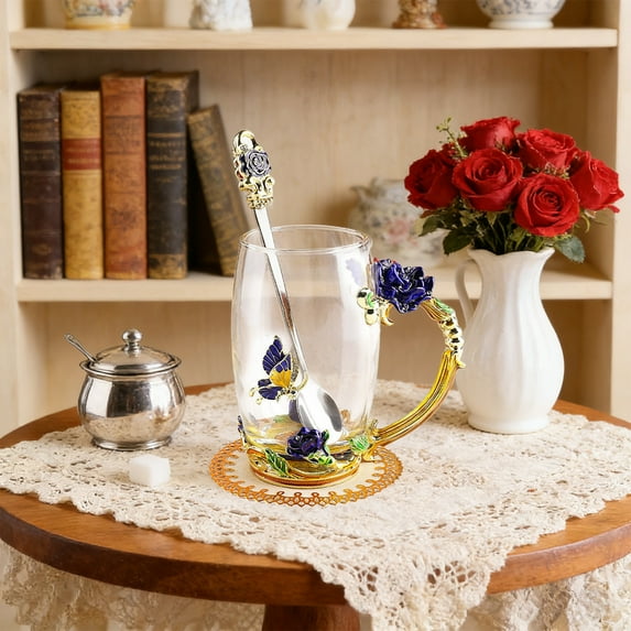HWRETIE Enamel Flower Glass Coffee Mug with Spoon,Lead Free Tea Cup Gift for Valentines Day,Christmas and Birthday Gifts for Women