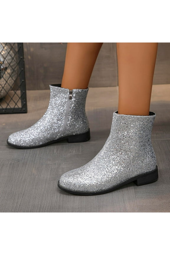 Fashionable Women's Mid-Cut Boots—Trendy Medium Rise Booties for Spring and Summer,Versatile Casual Mid- Footwear for Women,Perfect for Any Occasion Silver/9.5(43)