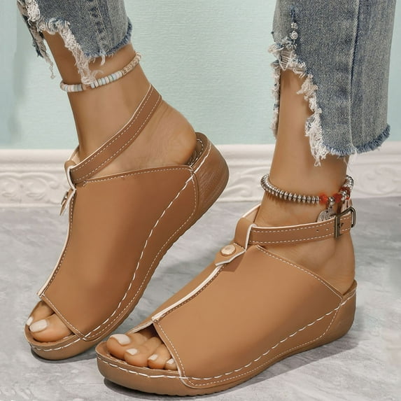 HWRETIE Fish Mouth Buckle Flat Sandals - Open Toe Thick Sole Summer Shoes With Adjustable Closure,Beach Casual Slippers Brown/42