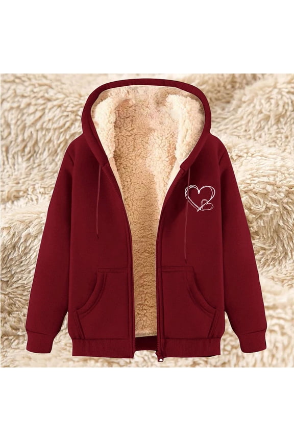 Fleece Hoodie Women's Fashionable Printed Fleece Hooded Sweatshirt Jacket Warm Casual Jacket