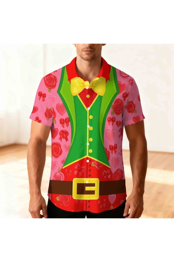 Hawaiian Shirt for Men Unisex Summer Beach Casual Short Sleeve Button Down Shirt Funny Printed Clothing Valentine's Day Style Vacation Casual Holiday Top Pink-2