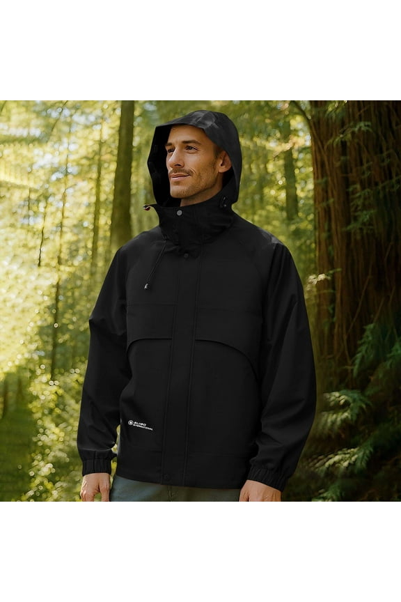 Hiking Jacket,Men's Solid Color Windproof Splash-Proof Hooded Jacket with Zipper Pockets and Drawstring,Long Sleeve Hooded Casual Outdoor Jacket for Daily Wear Black