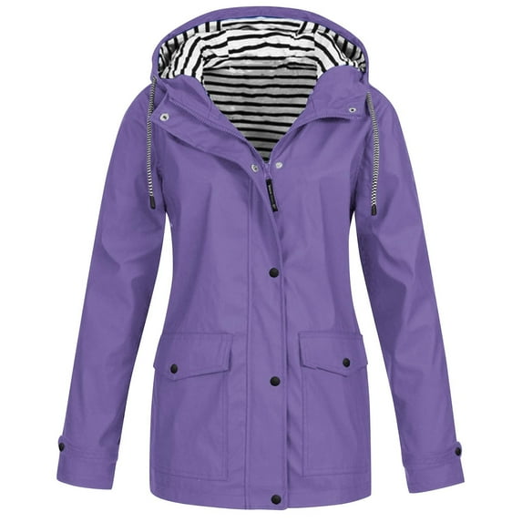 HWRETIE Hiking Jacket,Women's Solid Color Waterproof Hooded Rain Jacket,Outdoor Windproof Raincoat for Hiking,Travel,and Sportswear,Lightweight Long Sleeve Jacket Purple