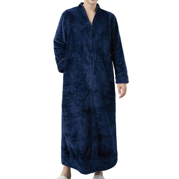 UTTOASFAY Men's Plus Size Loungewear Home Flannel Nightgown Warm Solid Color Soft Comfortable Sleepwear Nightshirt Navy