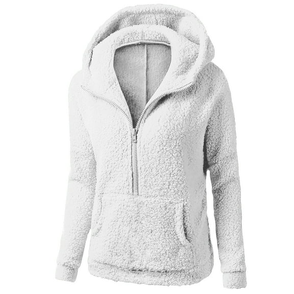 HWRETIE Hooded Sweater Women,Women's Solid Color Plush Long-sleeved Half-zip Pullover Jacket Casual Jacket,All-Day Comfort Top White