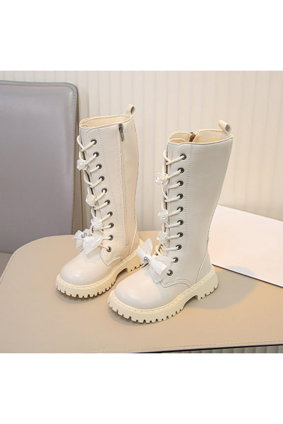 Infant Shoes,Girls' Leather Boots Winter High Top Zipper Bowknot Princess Shoes Children's Autumn Student Martin Boots Casual Long Boots Older Girls White