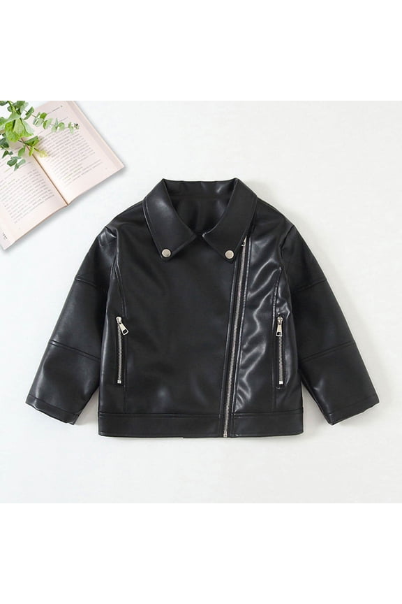 Kids Biker Outfit Solid Color Motorcycle Suit Leather Jacket Middle-aged Handsome Casual Top Long Sleeved Hooded Jacket Black