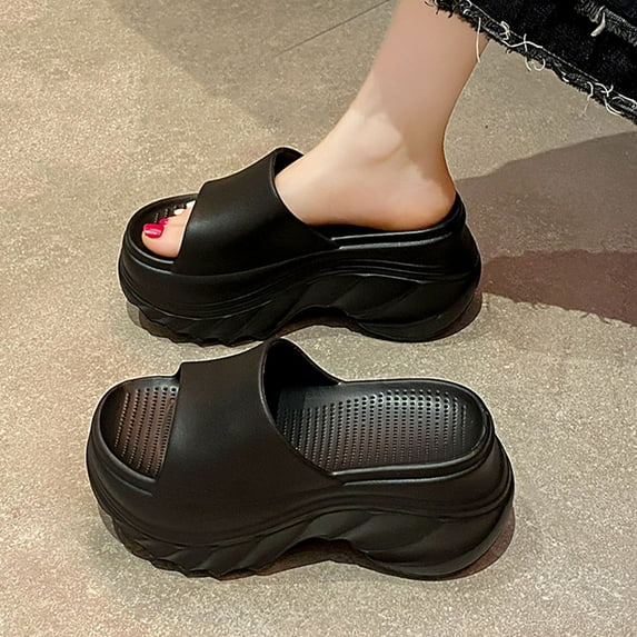 HWRETIE Ladies Fashion Shoes,Slippers Ladies Spring Summer Soft Sole Non Slip Open Toe Thick Sole Round Toe Solid Color Comfortable Stylish Indoor Footwear Black