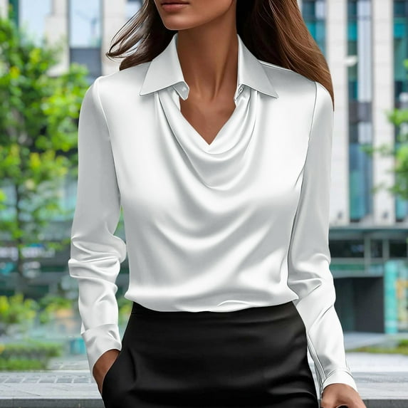 HWRETIE Ladies' Satin Blouse Autumn Winter Solid Color Swing Collar V-Neck Long Sleeve Top Elegant Women Fashion Shirt White