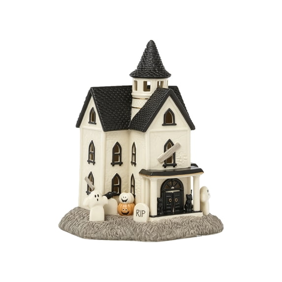 HWRETIE Lighted Halloween Manor House Figurine Porcelain Haunted House Decoration with Ghost and Pumpkin Tabletop Display