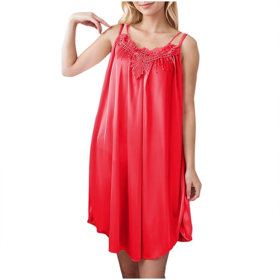 HWRETIE Loungewear Set,Women Nightdress Solid Color Short Sleeve Pajama Dress Summer Silk Imitation Nightwear Casual Simple Home Clothes Mid Calf Gown Red （9XL）