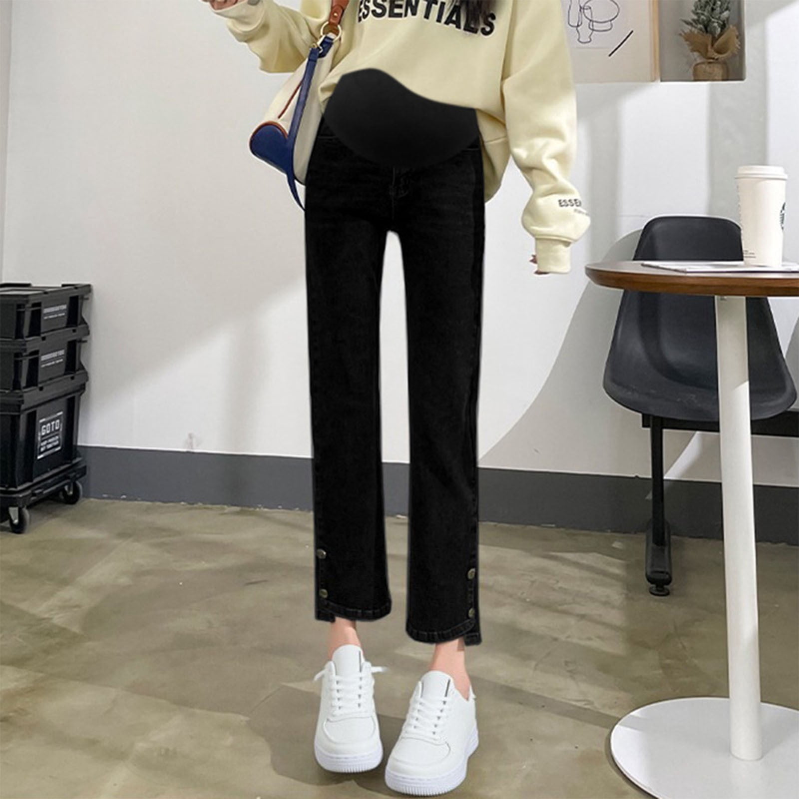 HWRETIE Maternity Pants,Women's Maternity Cropped Jeans with Elastic  Drawstring Cigarette Pants Casual Slim Fit Belly Support Denim Narrow Leg Pregnancy  Pants Black