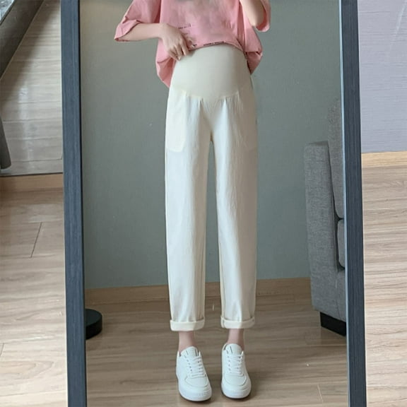 HWRETIE Maternity Pants,Women's Maternity Cropped Pants Solid Color High Waisted Straight Pants Casual Belly Support Pregnancy Wear for Outdoors Beige