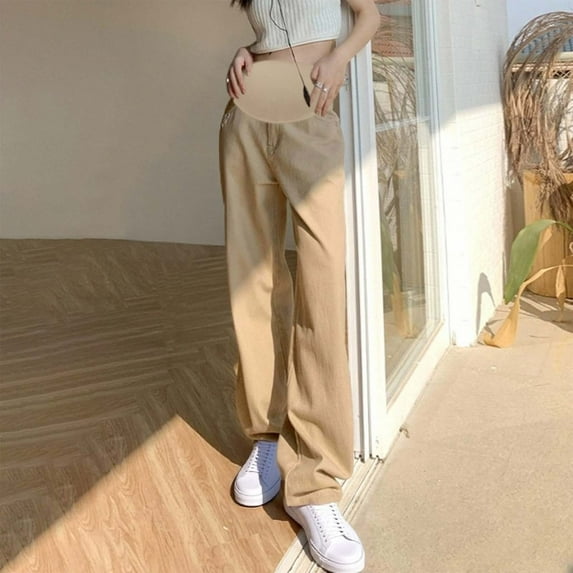 HWRETIE Maternity Pants,Women's Maternity Jeans Wide Leg Pants Straight Leg Casual Denim Pants Belly Support Pregnancy Trousers Solid Color Fashion Long Pants Khaki