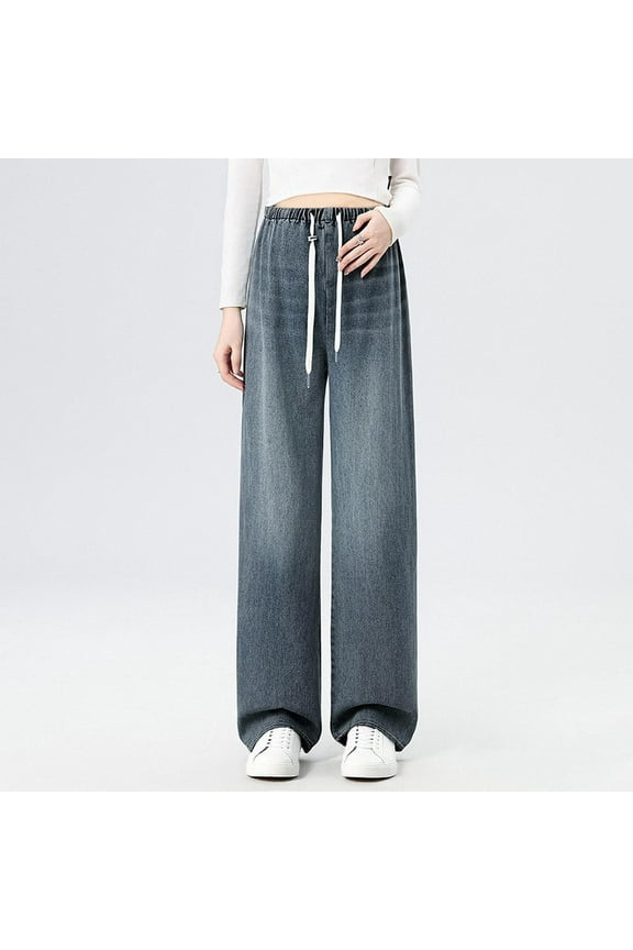 Maternity SweatpantsWomen's Maternity Jeans Drawstring Wide Leg Pants Loose Casual Straight Cut Pregnancy Pants Large Size Maternity Trousers Blue