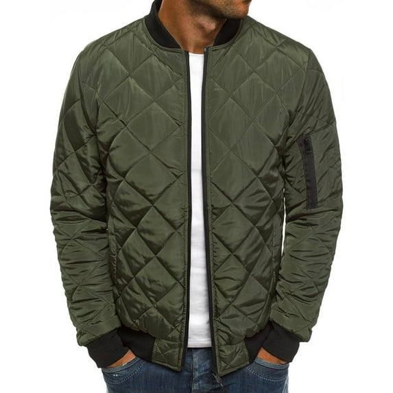 HWRETIE Men Solid Casual Stand-Up Collar Zipper Diamond Stitched Pocket Jacket Coats Army Green 12(XXL)