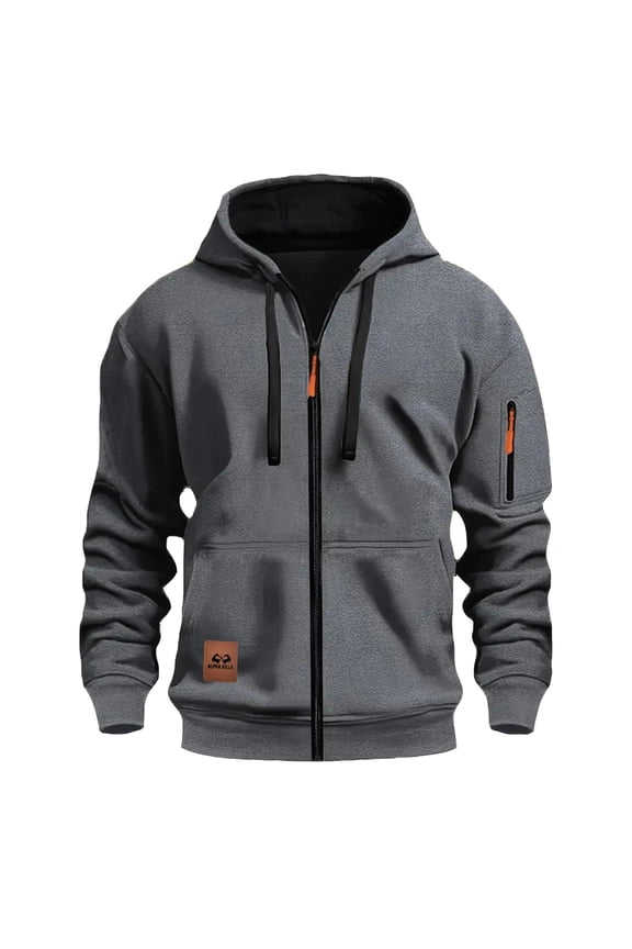 Men's Hoodie with Zipper Casual Sportswear Long Sleeve Fashion Hoodie with Arm Pocket Comfortable Men Jacket Top Gray