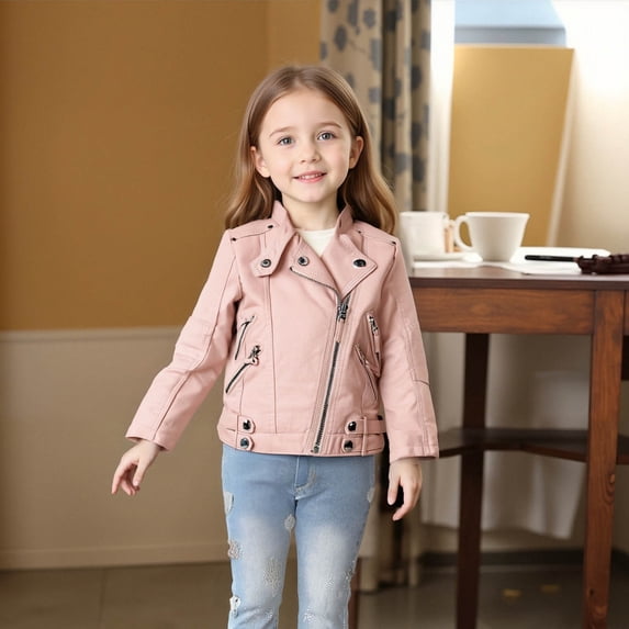 HWRETIE Moto Style Children's Leather Jackets with Stand Collar and Motorcycle Lining for Boys and Girls Pink