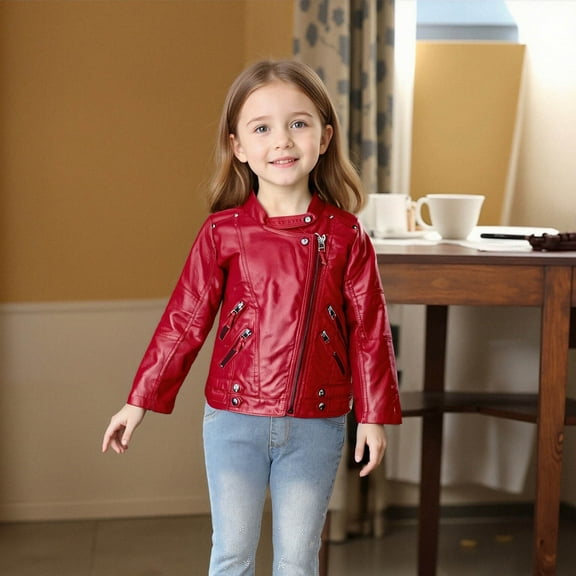 HWRETIE Moto Style Children's Leather Jackets with Stand Collar and Motorcycle Lining for Boys and Girls Red