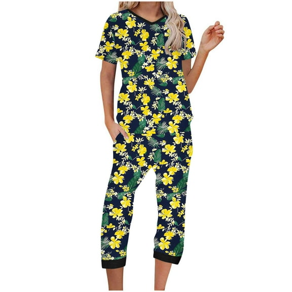 HWRETIE Nightgown Dress,Women Pajama Set Printed V-Neck Short Sleeve Shirt with Cropped Pants and Pocket Casual Two Piece Home Clothes Comfortable Sleepwear Yellow (9XL)