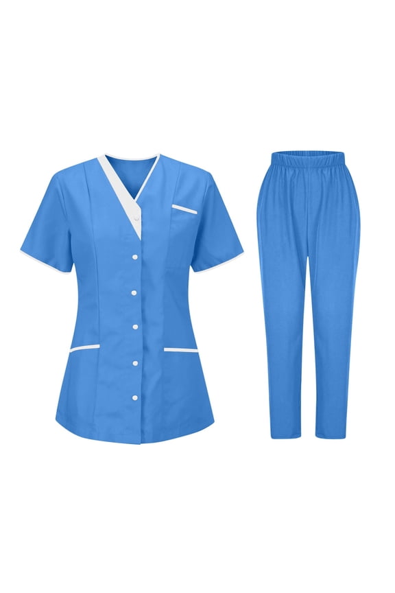 Nurse Uniform,Women's V-Neck Nurses Tunic and Pants Set,Clinic Carer Protective Uniform for Hospital,Dental,or Home Care Work Nursing Blouse Sky Blue