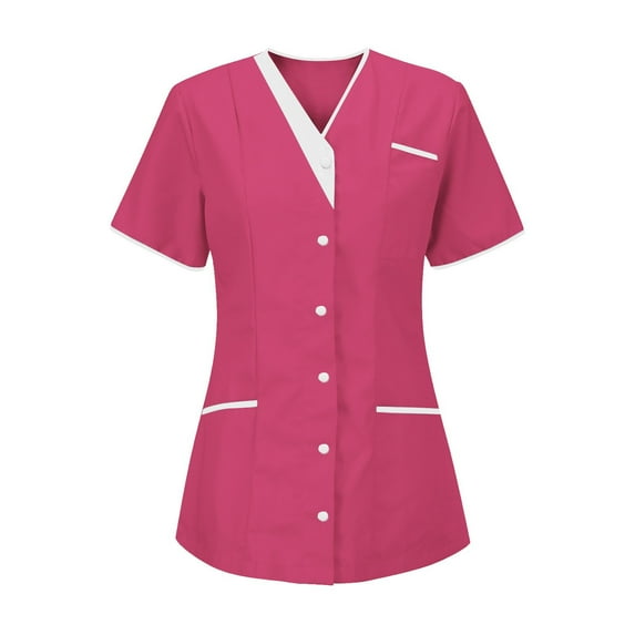 HWRETIE Nurse Uniform,Women's V-Neck Nurses Tunic Uniform with Button Down Cardigan Style,Short Sleeve Clinic Carer Protective Work Top Nursing Blouse Hot Pink