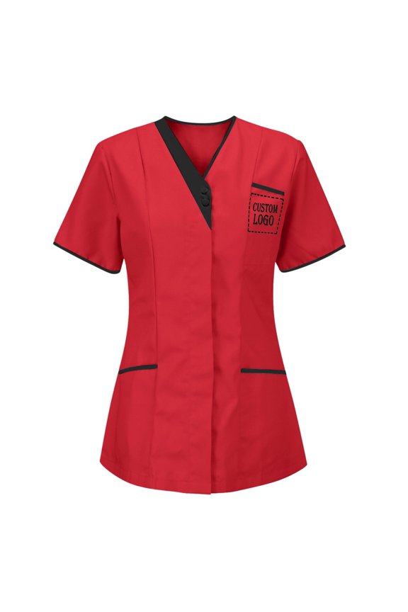 Nurse Uniform,Women's V-Neck Nurses Tunic Uniform,Short Sleeve Clinic Carer Protective Work Shirt for Hospital,office,or Home Care Nursing Blouse Red