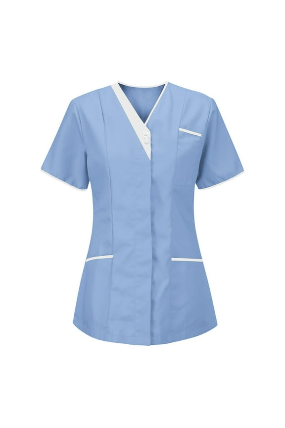 Nurse Uniform,Women's V-Neck Nurses Tunic Uniform,Short Sleeve Clinic Carer Protective Work Shirt for Hospital,office,or Home Care Nursing Blouse Sky Blue