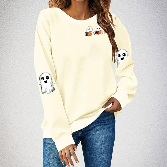 HWRETIE Oversized Fleece Hoodie Sweatshirt,Women's Halloween Round Neck Printed Sweatshirt Long Sleeve Loose Fit Pullover Hoodie Casual Holiday Fall Top Beige