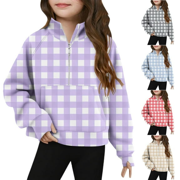 HWRETIE Oversized Fleece Pullover Hoodie,Girls' Checkered Zip Up Hoodie Fleece Sweatshirt Long Sleeve Crop Top Autumn Winter Warm Pullover for Kids 5-14Y Red